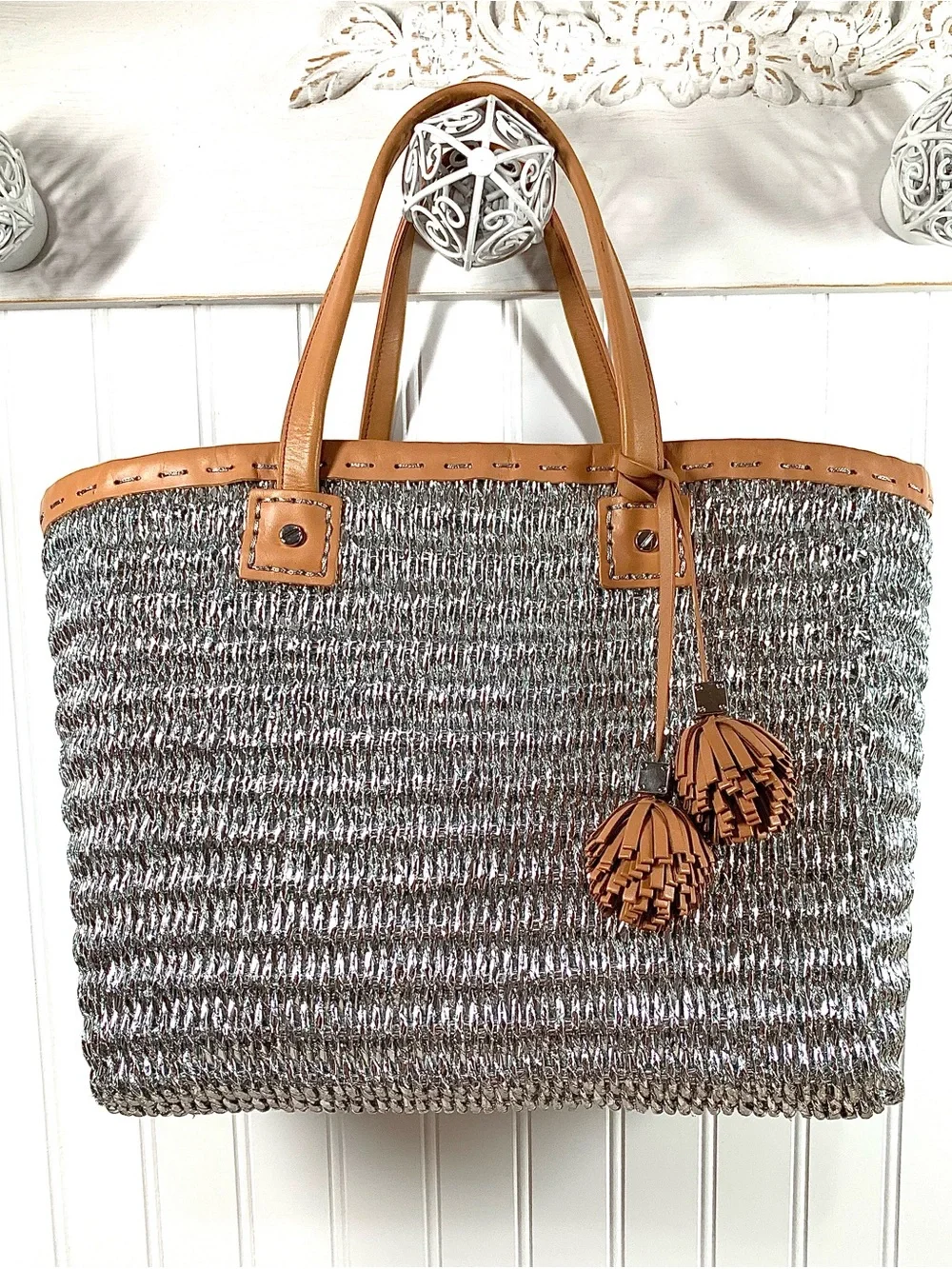 Tory Burch Woven Metallic Tote with Tan Leather Trim Beautiful NWOT